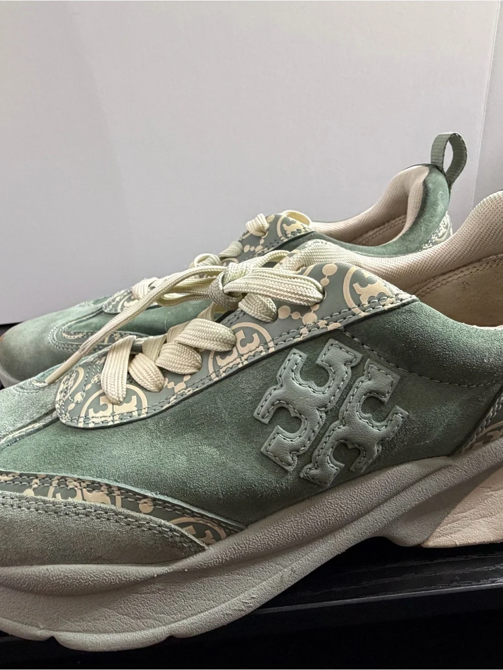 Tory Burch Sage Green Suede Sneakers with Cream Logo Panels